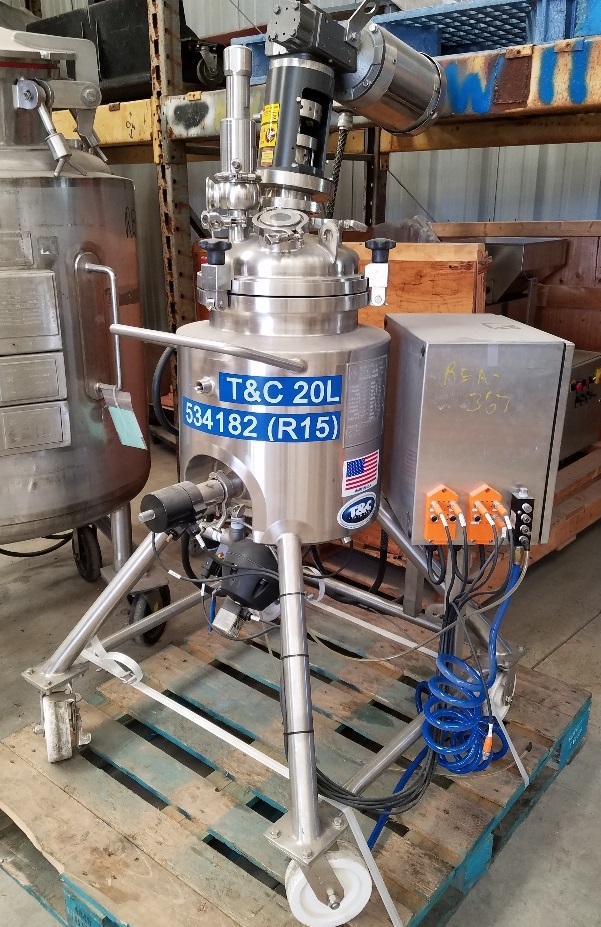 ***SOLD*** used 5 Gallon (20 liter) Sanitary Stainless Steel Reactor. Built by T&C, Rated 45/FV @ 350 Deg.F. Internal. Jacket Rated 100/FV @ 350 Deg.F. S/N TC7284, Mounted on S/S Portable Frame, with Allen Bradley PowerFlex40 VFD, with S/S Control Box, with Baldor .5 hp S/S Clad Agitation Motor, 1750 RPM. NB # 1154